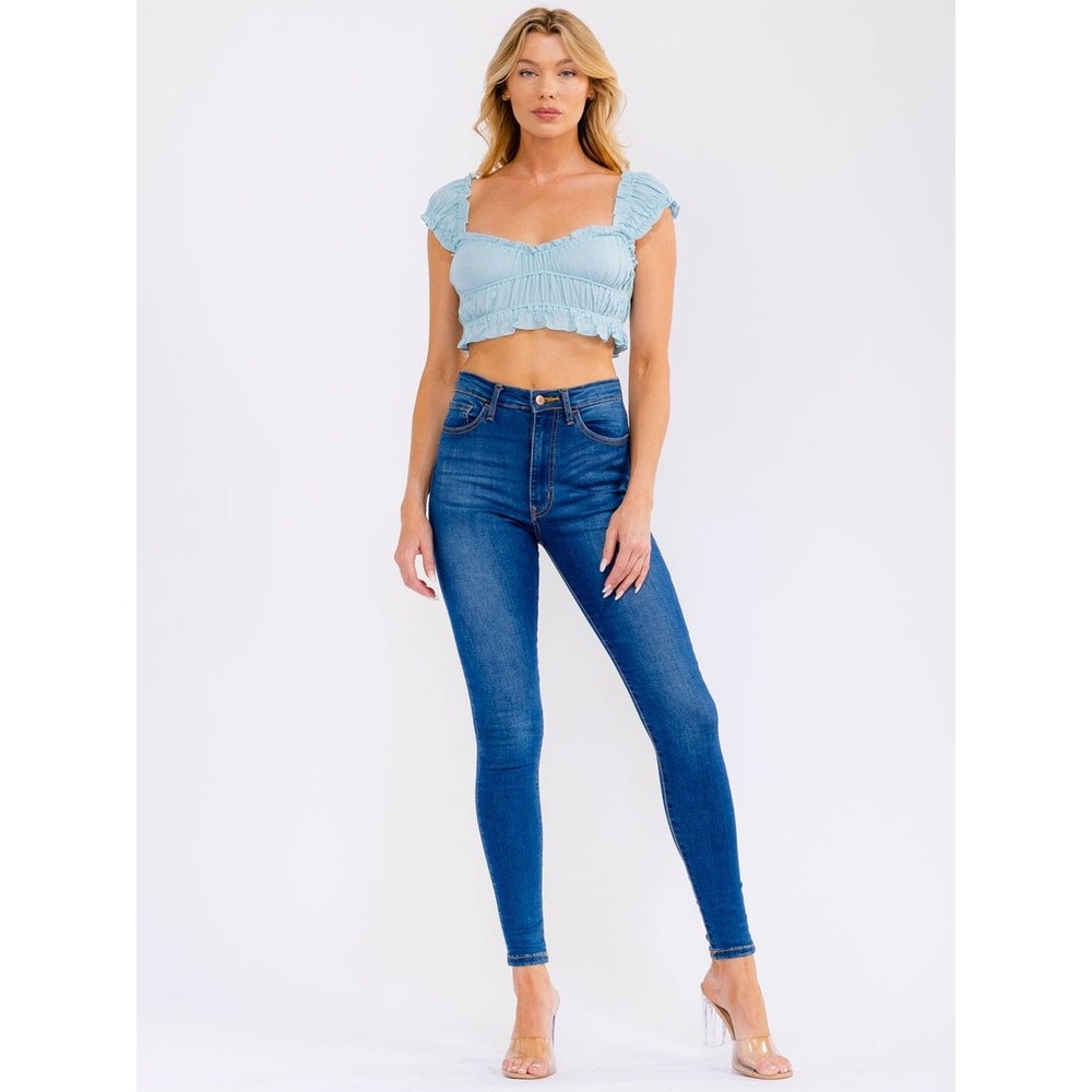 Peach Love blue ruffle crop top in a S
